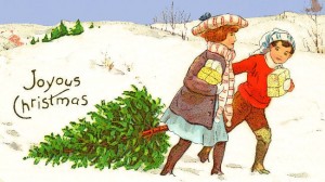 クリスマスツリーkids_dragging_Christmas_tree_1914